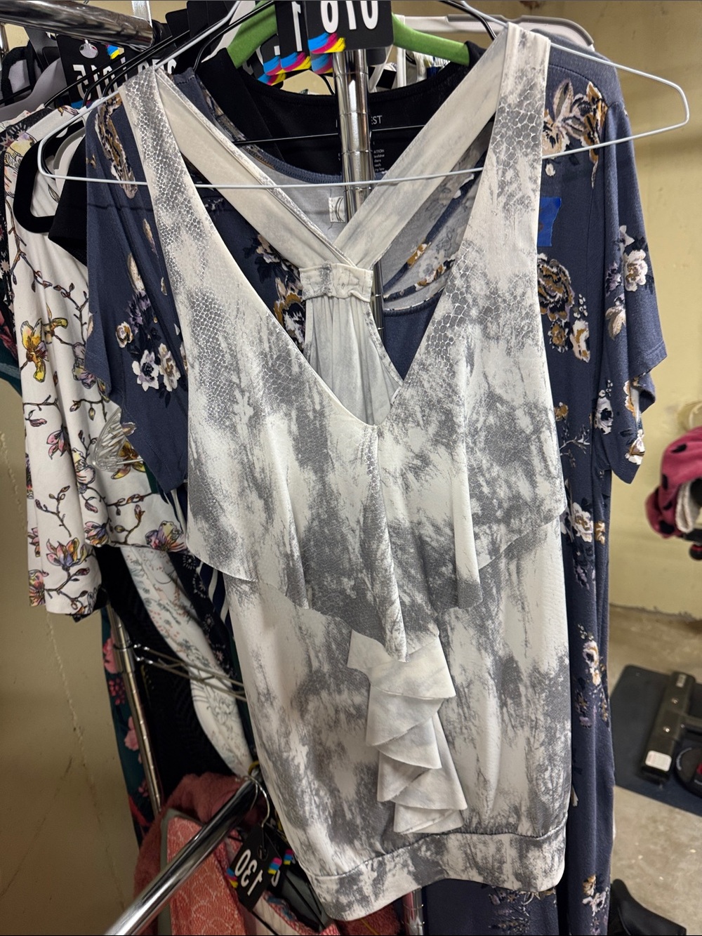 Studio Y Gray Tie-Dye Ruffle V-Neck Sleeveless Camisole